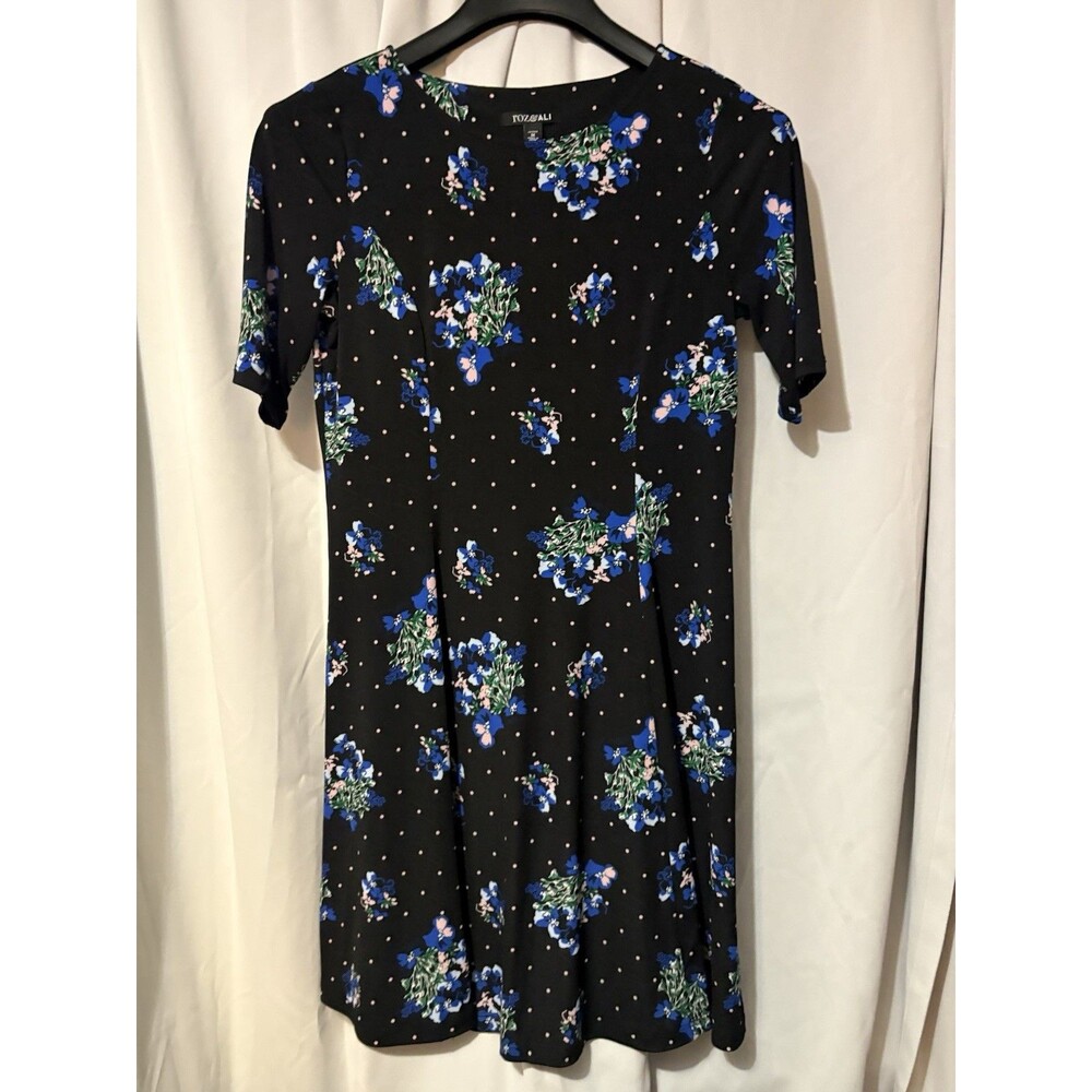 Roz & Ali Petite M Black Floral A-Line Knee Dress Short Sleeve